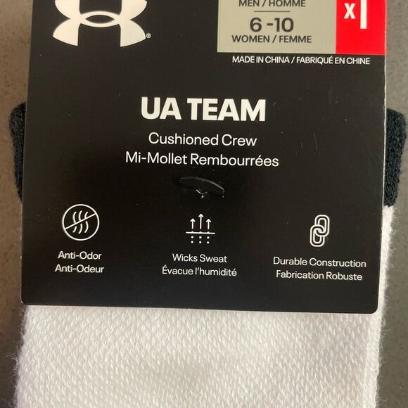 Under Armour Adult Team Crew Socks, 1-Pair, White/Black/Black, Medium new - Picture 2 of 3